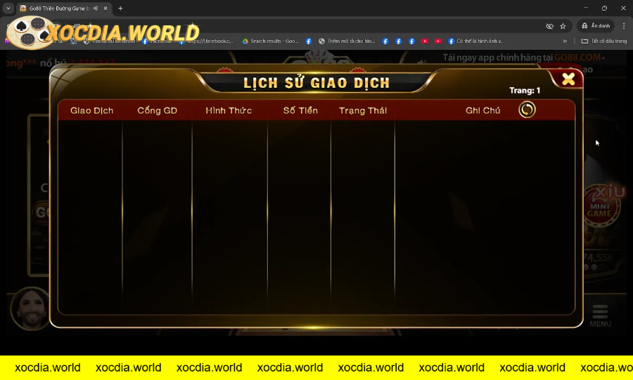 Bảng lịch sử giao dịch trống trên ứng dụng casino GO88