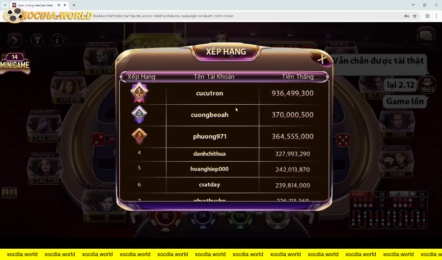 Bảng xếp hạng người chơi thắng tiền trong game Casino