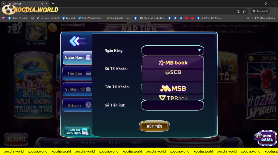 Giao diện chọn ngân hàng rút tiền trong game 789Club