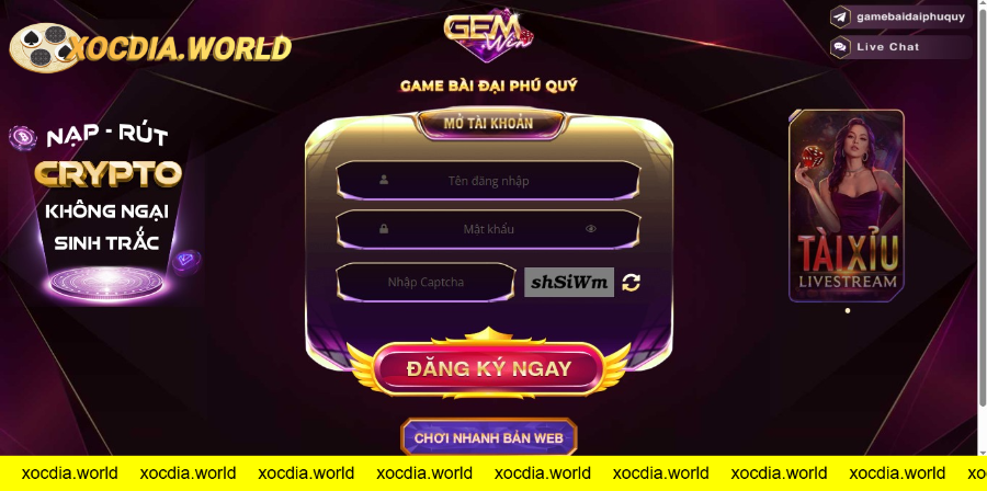 Giao diện đăng ký game bài đổi thưởng crypto Gemwin