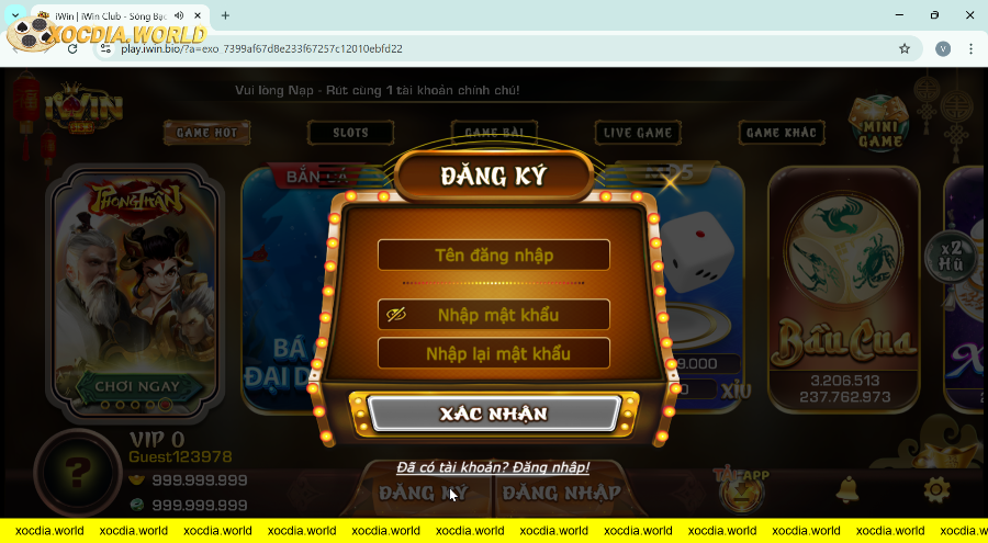 Giao diện đăng ký tài khoản chơi game đổi thưởng IWIN