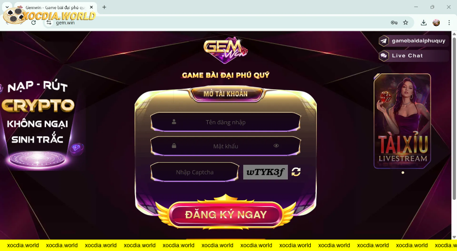 Giao diện đăng ký tài khoản GEMWIN online