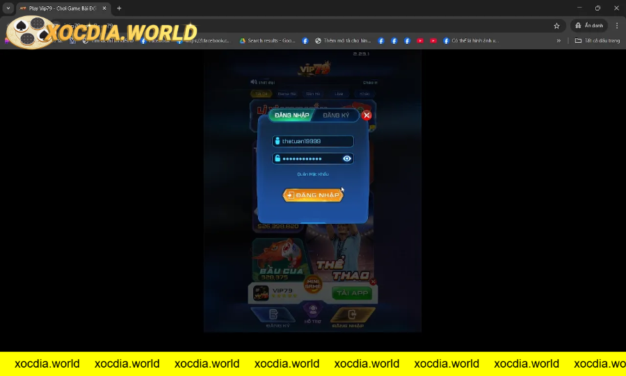 Giao diện đăng nhập game bài VIP79 với các tùy chọn đăng ký và quên mật khẩu.