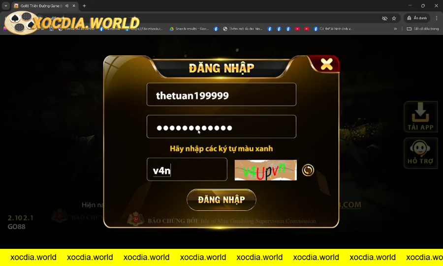 Giao diện đăng nhập tài khoản game trực tuyến GO88