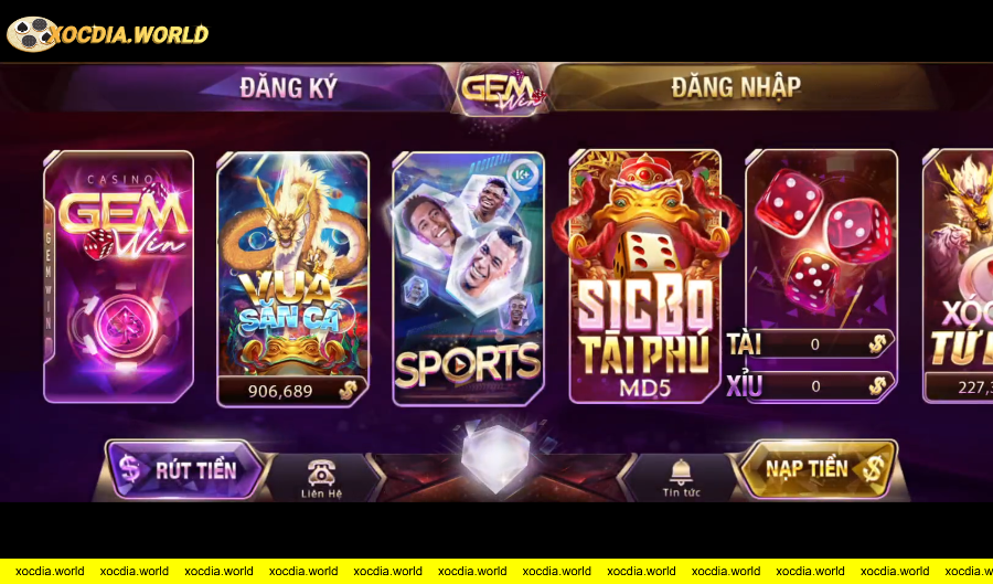 Giao diện game casino GEMWIN đa dạng với các trò chơi săn cá, thể thao và xí ngầu.