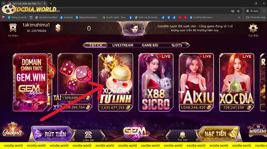 Giao diện game xóc đĩa trực tuyến trên web GemWin