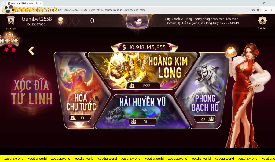 Giao diện game xóc đĩa với hình tượng sinh vật thần thoại trên ứng dụng.