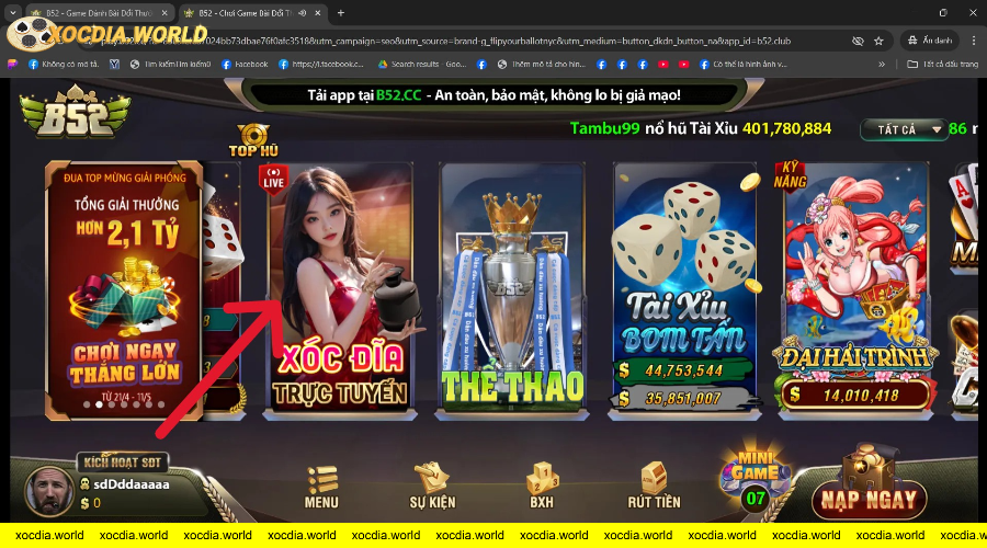 Truy cập sảnh game xóc đĩa trực tuyến tại nhà cái B52