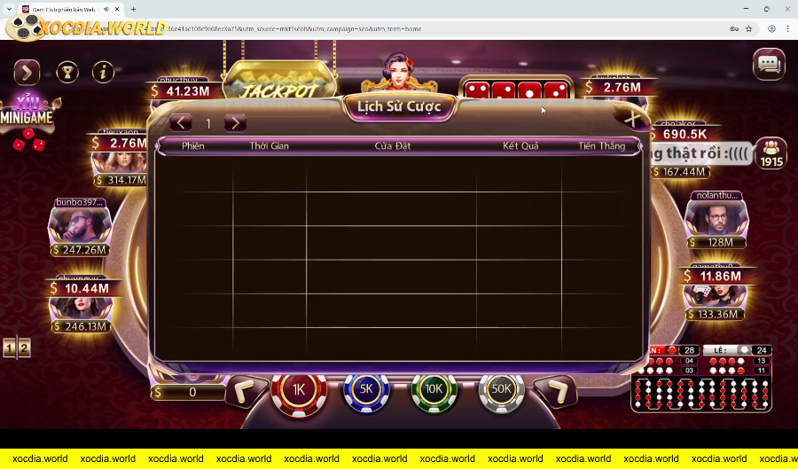 Giao diện lịch sử cược và chip tiền ảo casino GEMWIN
