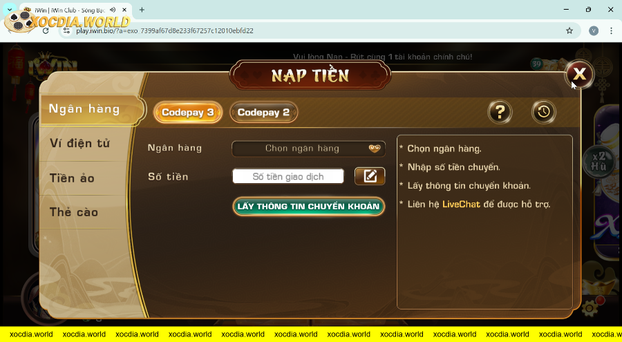 Giao diện nạp tiền ngân hàng trong game Xóc đĩa IWIN
