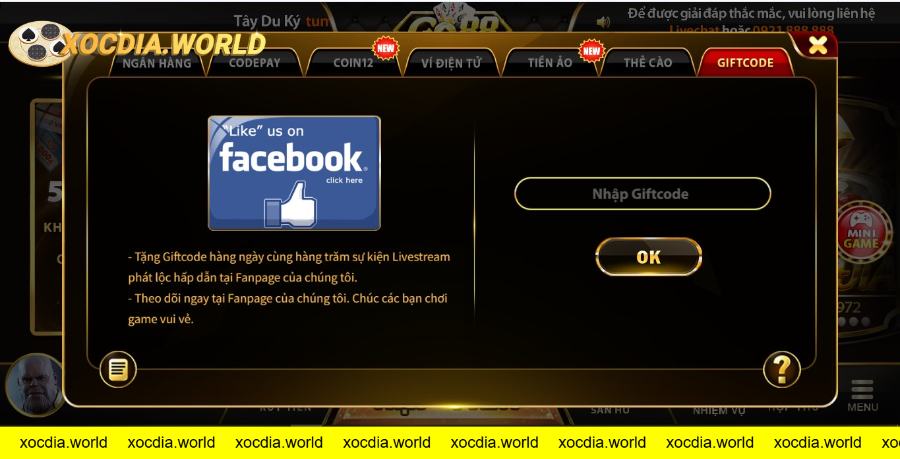 Giao diện nhập giftcode với hướng dẫn follow Facebook