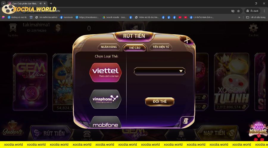 Giao diện rút tiền qua thẻ cào trong game GEMWIN