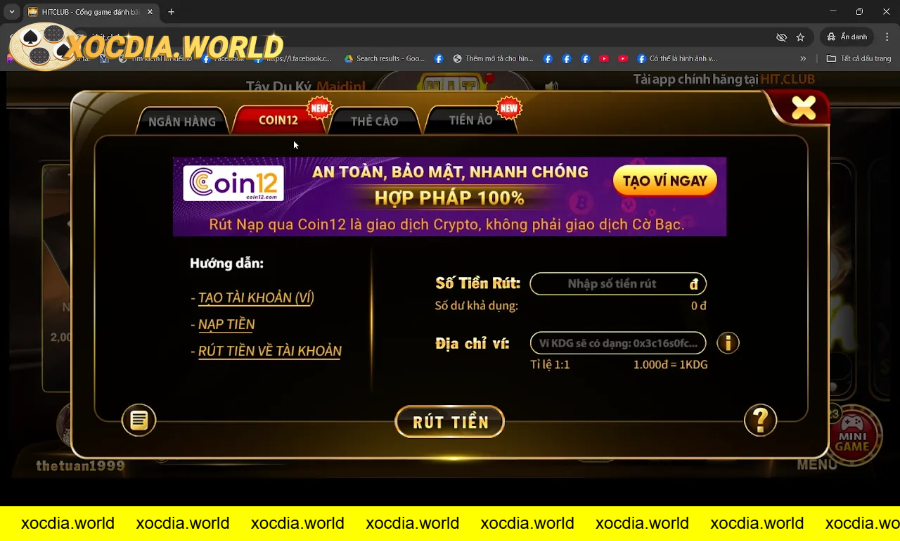 Giao diện rút tiền qua ví điện tử Coin12 trong game HITCLUB an toàn nhanh chóng.
