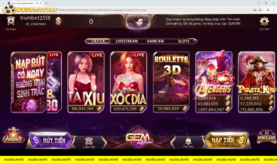 Giao diện sảnh game Gemwin