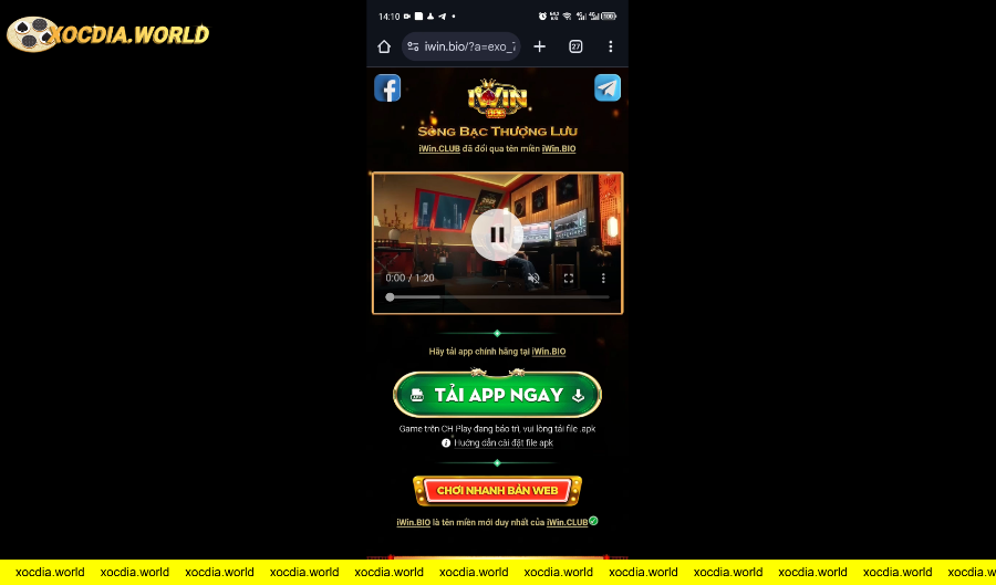 Giao diện tải app casino iWin với nút tải APK và chơi nhanh trên web.