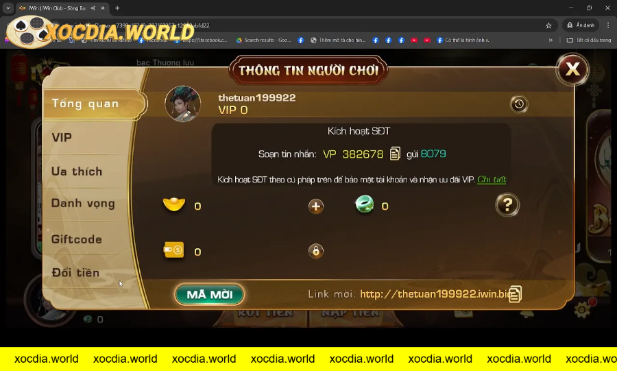 Giao diện thông tin người chơi VIP và tài khoản iWin