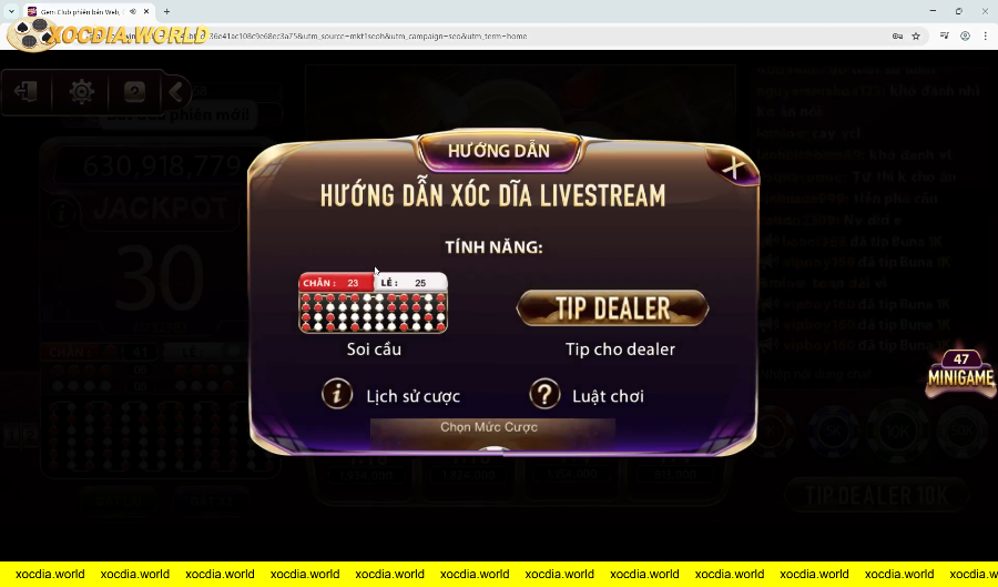 Hướng dẫn tính năng chơi xóc đĩa livestream Gemwin