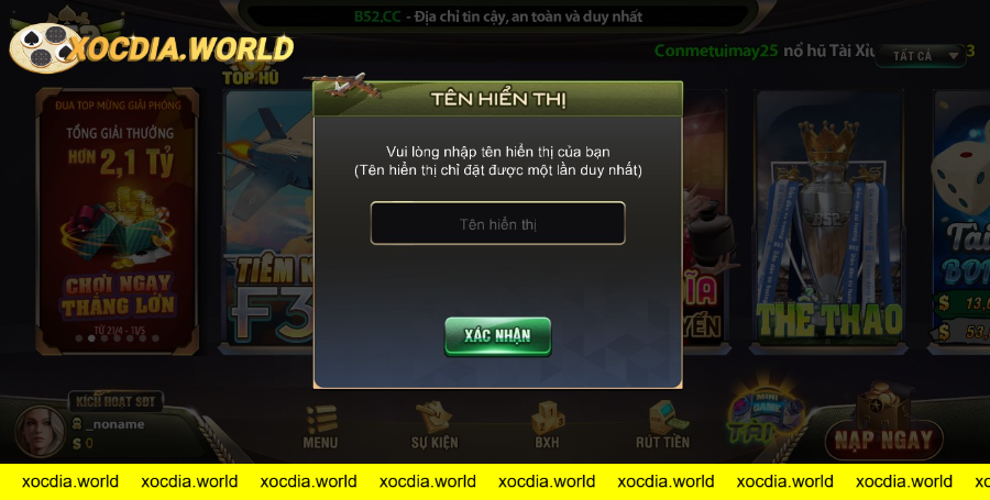 Nhập tên hiển thị trong game bài B52