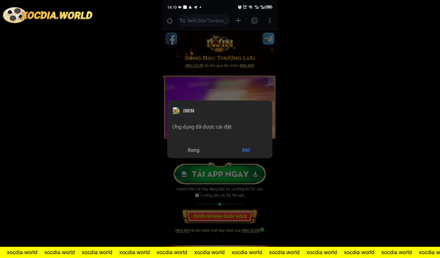 Thông báo cài đặt ứng dụng IWIN thành công trên điện thoại Android.