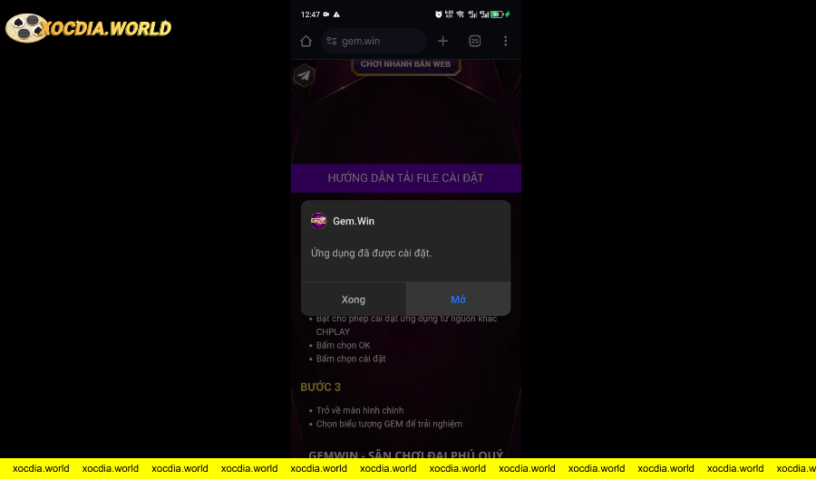 Thông báo ứng dụng Gem.Win đã được cài đặt thành công trên điện thoại.